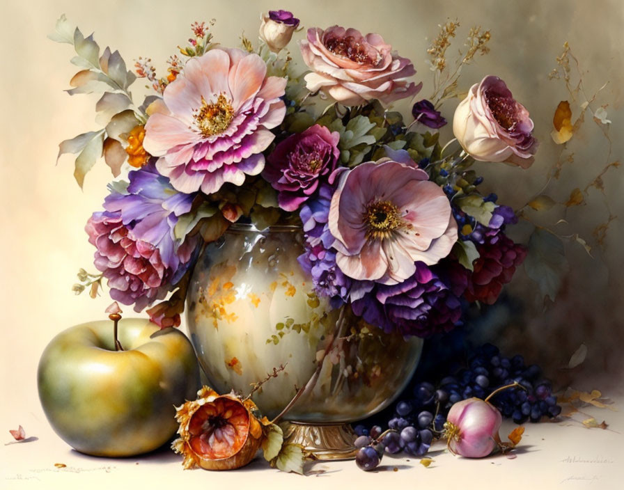 Vibrant still-life painting with flowers, fruits, and intricate details