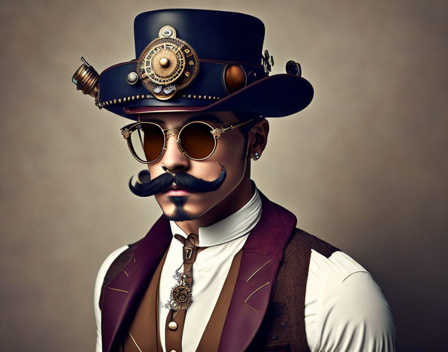 Steampunk-themed person with top hat, round sunglasses, and mustache on tan background