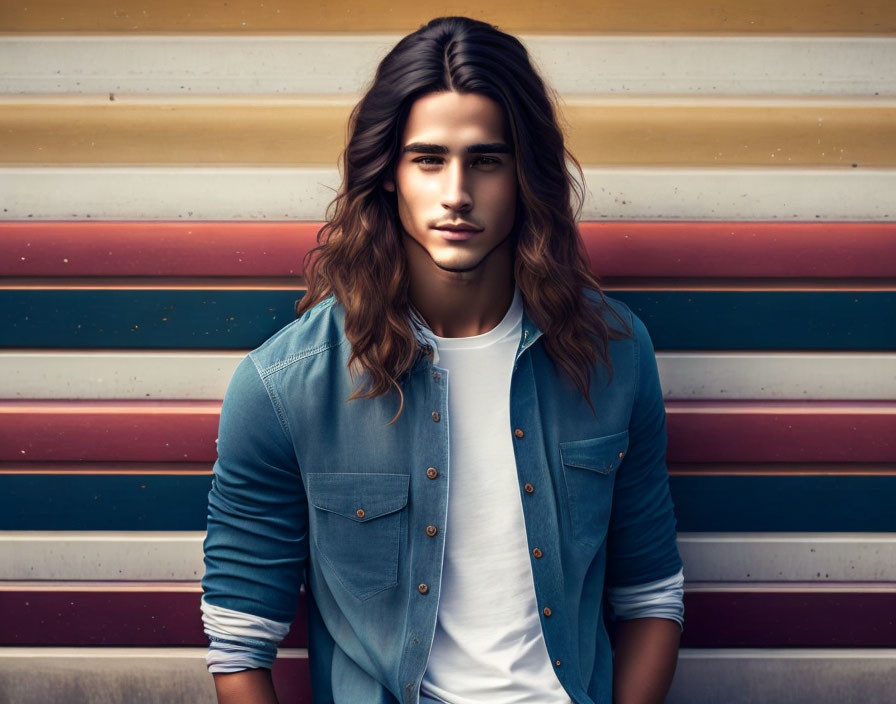 Long-Haired Man in Denim Shirt on Colorful Striped Background