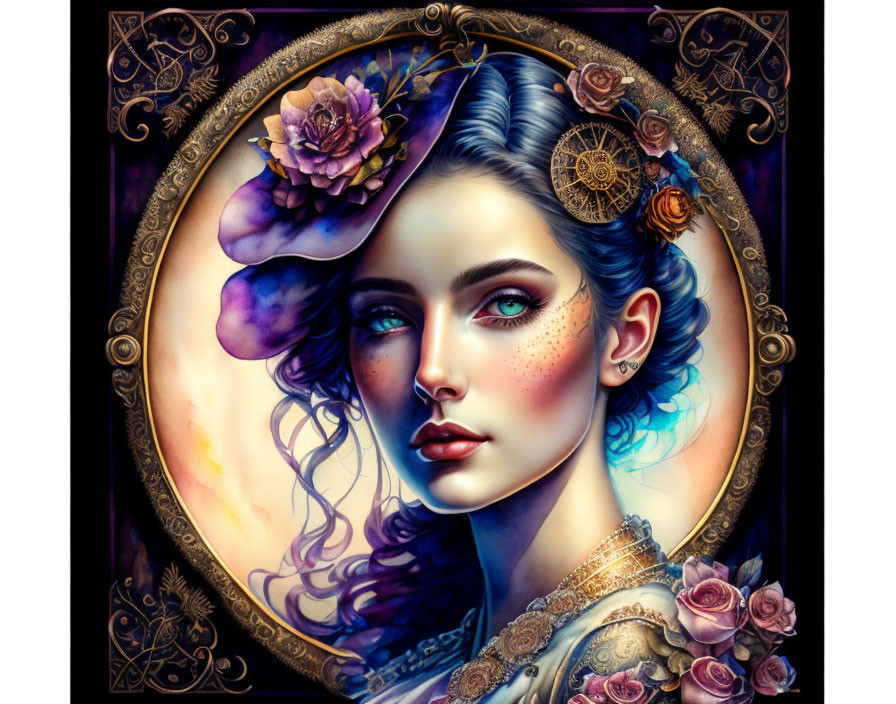 Vibrant steampunk woman illustration with gears and flowers in ornate frame