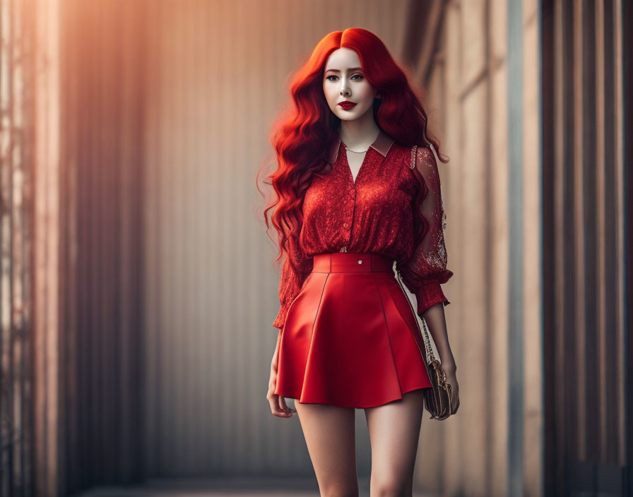 Red-haired woman in lace top and skirt against metal wall