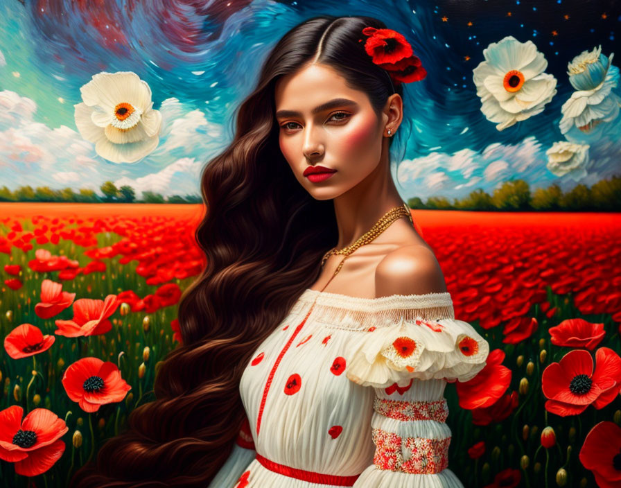 Woman with dark hair and red flowers in white dress in field of red poppies.