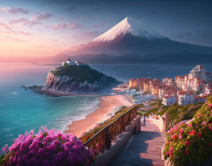 Twilight coastal city with illuminated buildings, snowy mountain, flower-lined pathway, and serene sea