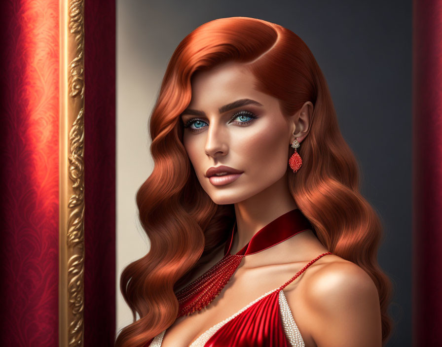 Portrait of Woman with Red Hair and Blue Eyes in Red Jewelry