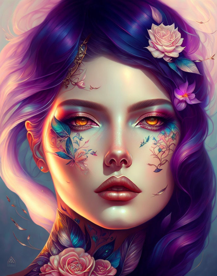 Multicolored Hair Woman Portrait with Floral Makeup & Tattoos