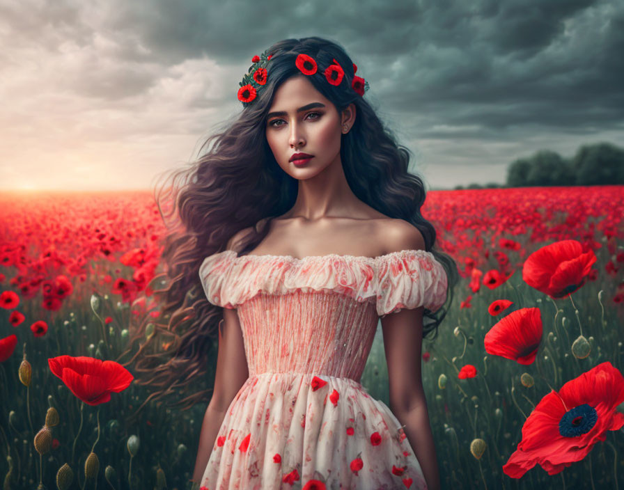 Woman with flowing hair in poppy field under dramatic sky