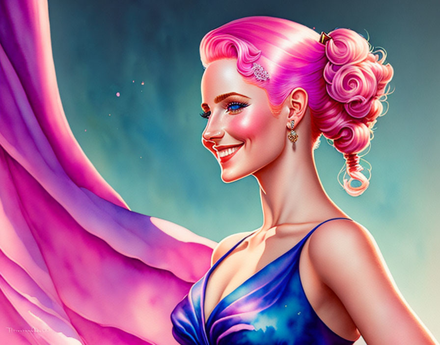 Illustrated woman with pink updo and blue dress smiling against pink fabric.