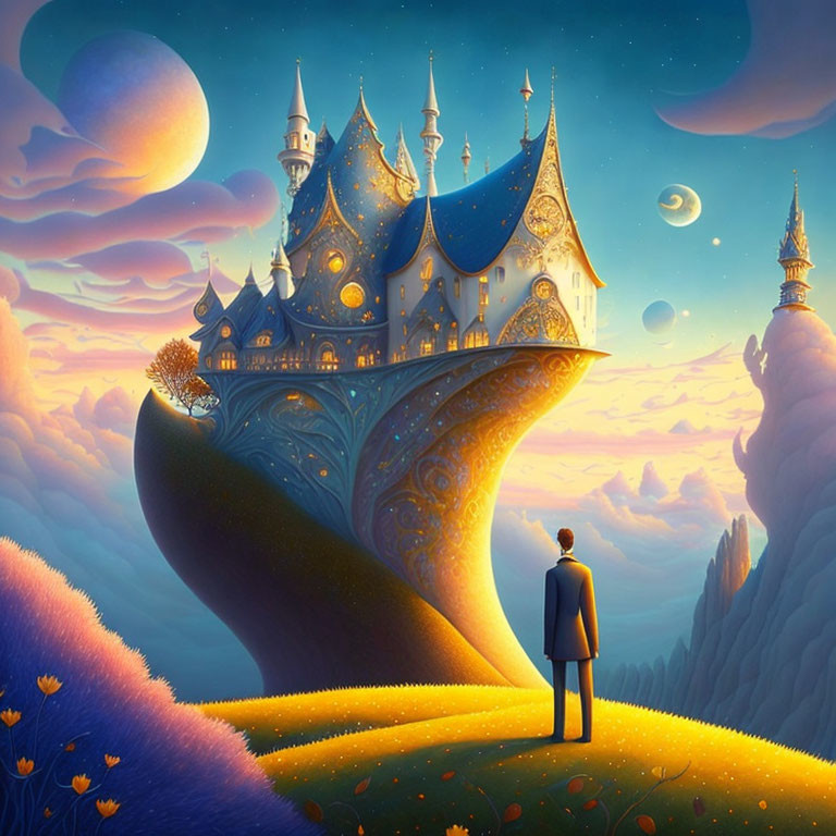 Person standing before fantastical illuminated castle on hill under twilight sky with multiple moons