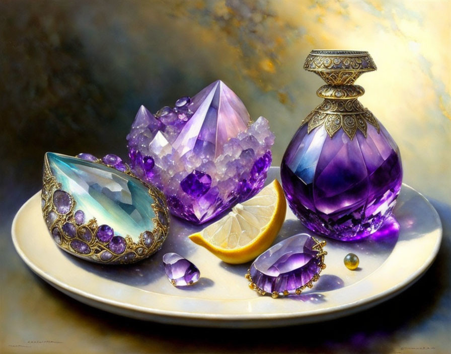 Still life painting featuring amethyst crystals, jewelry, perfume bottle, lemon slices on plate