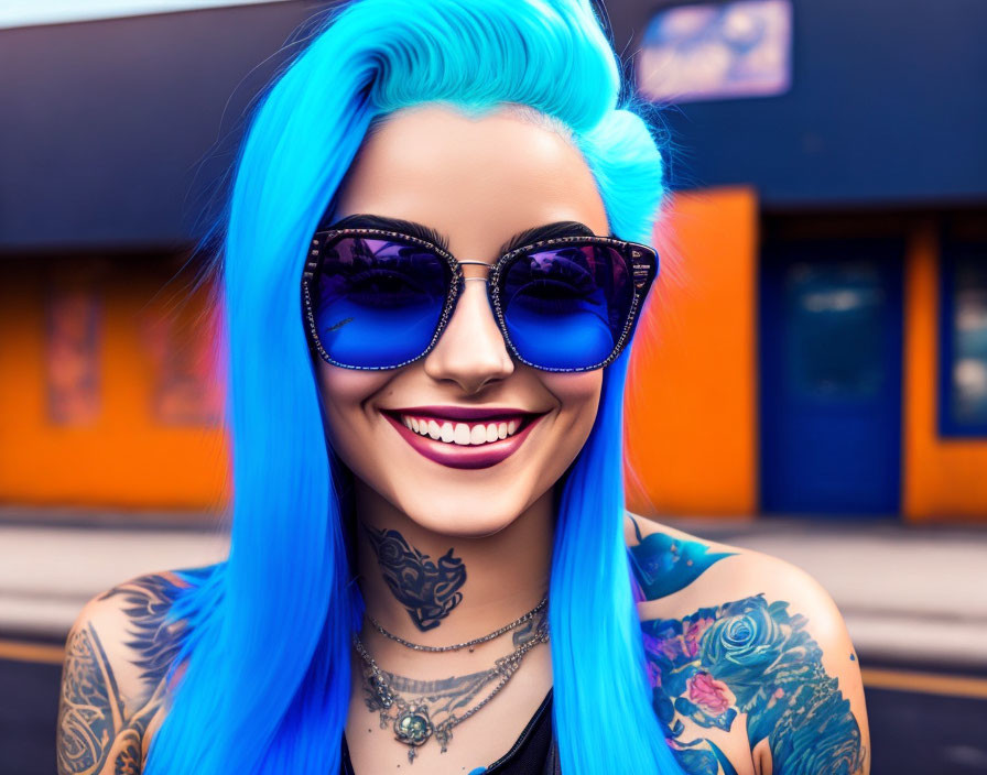 Vibrant blue hair woman with tattoos and heart-shaped sunglasses