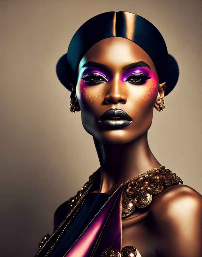 Regal woman with purple eyeshadow and gold accents in metallic attire