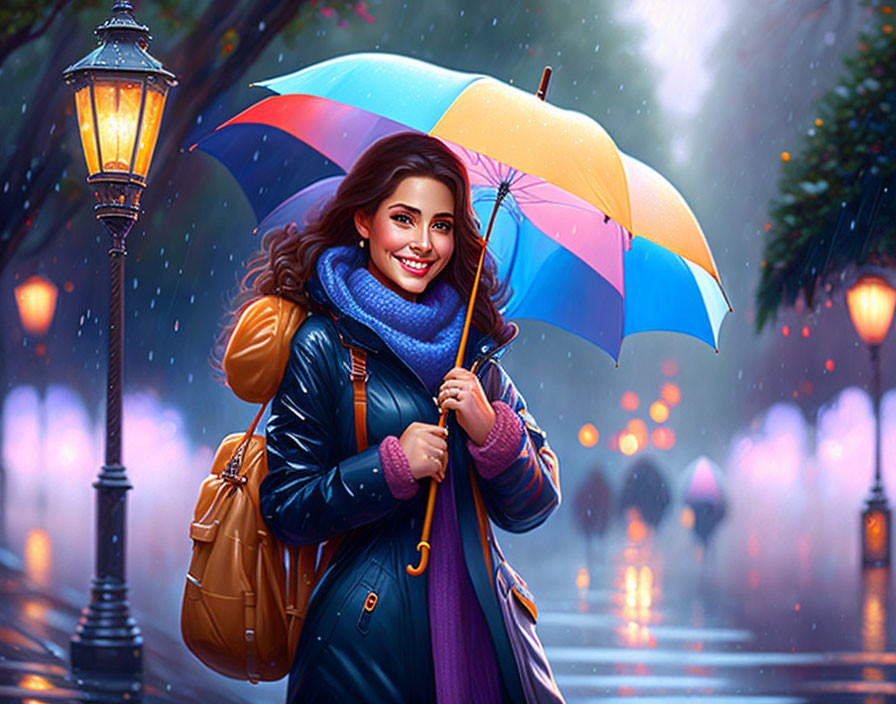 Multicolored umbrella woman walking in rainy street with blue scarf