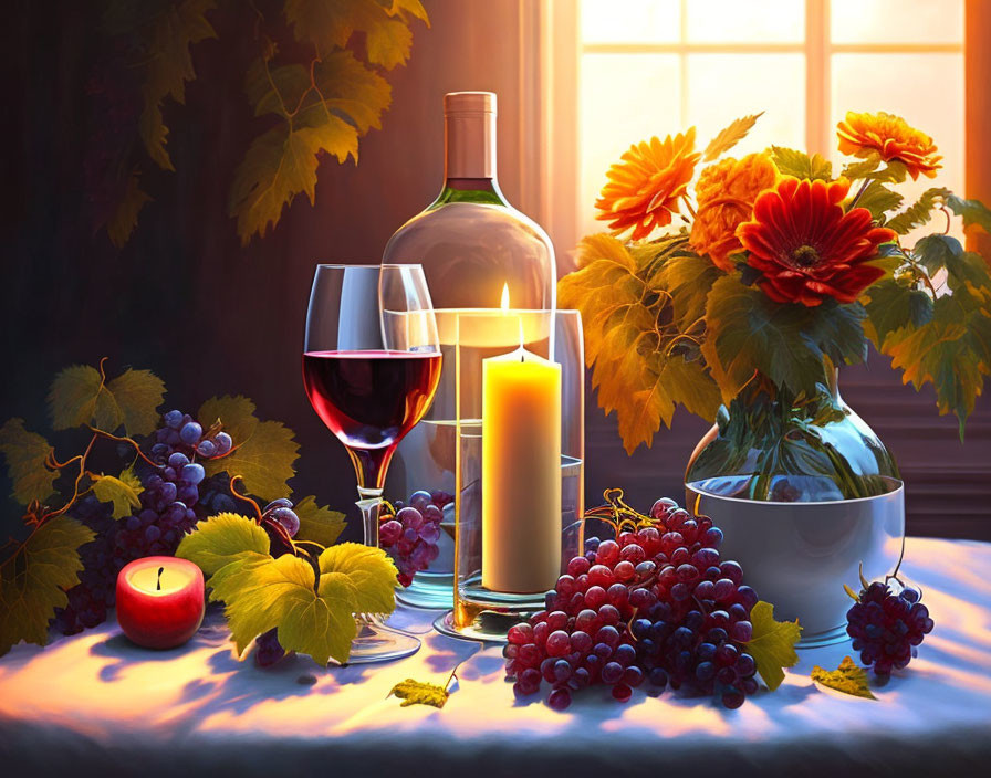 Still life with wine, grapes, candle, flowers, and sunlight through window