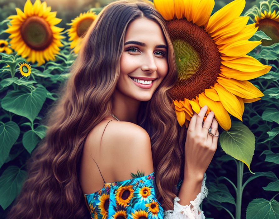 Woman with long brown hair in sunflower field wearing sunflower pattern dress