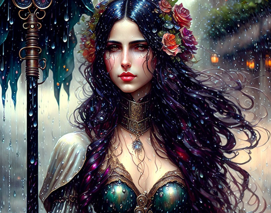 Dark-haired woman in fantasy art with floral adornments in rainy setting