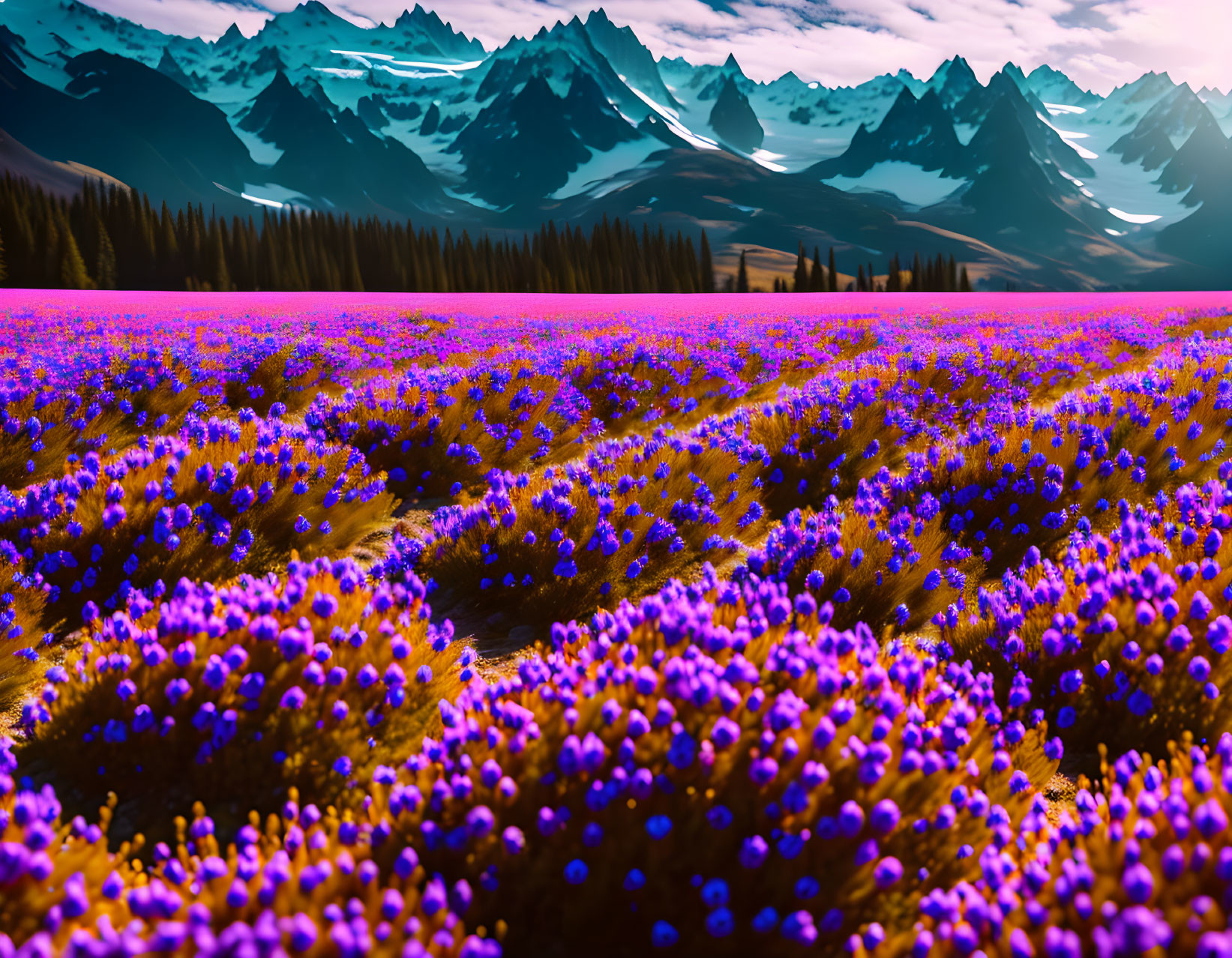 Scenic Wildflower Field with Snow-Capped Mountains