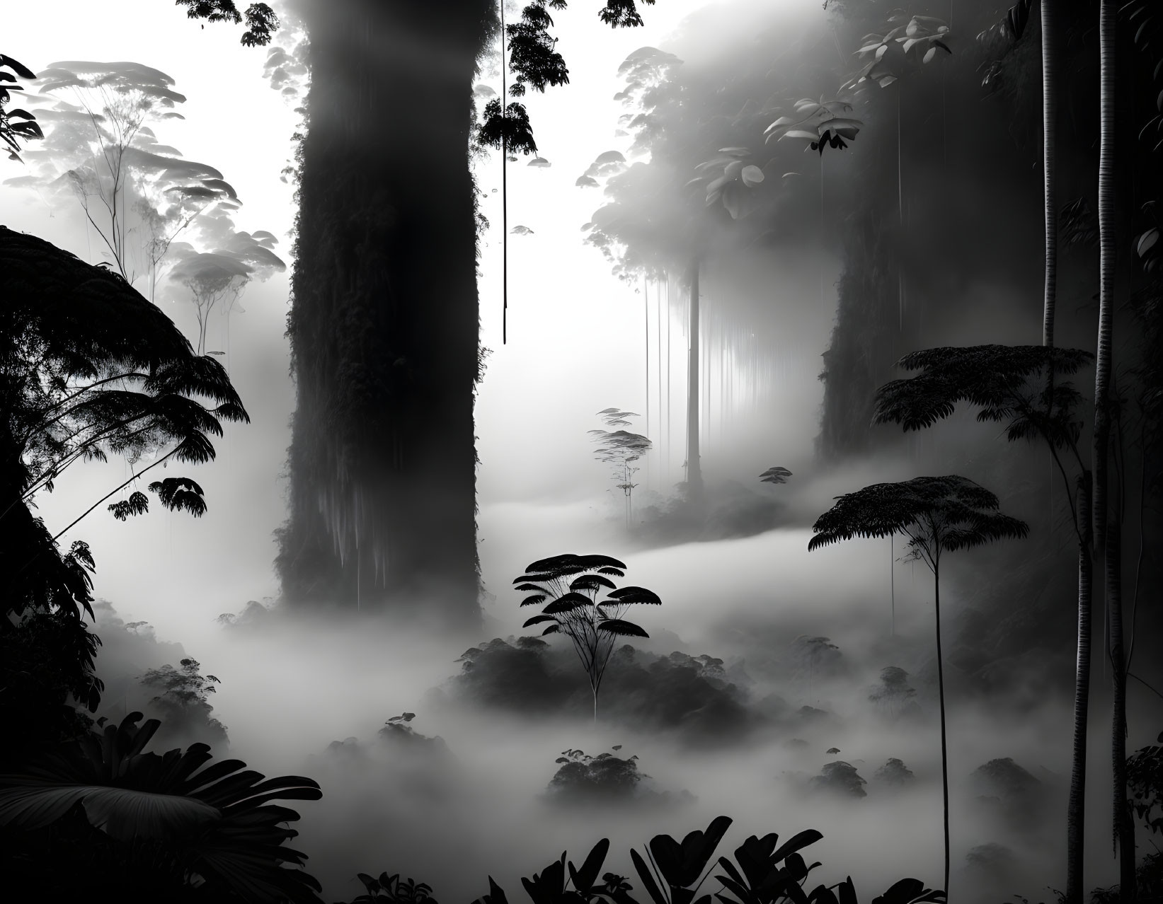 Misty forest with tall trees in monochrome art