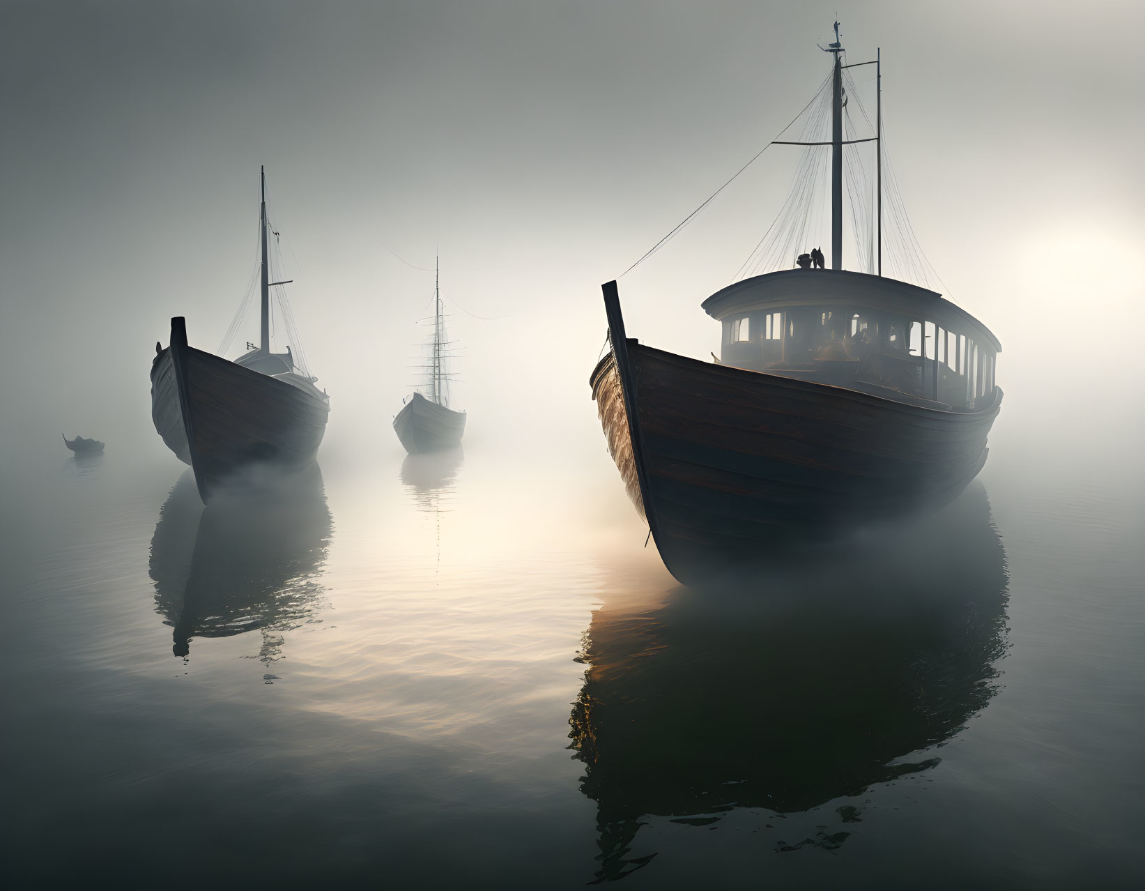 Tranquil harbor scene with moored boats and hazy sky