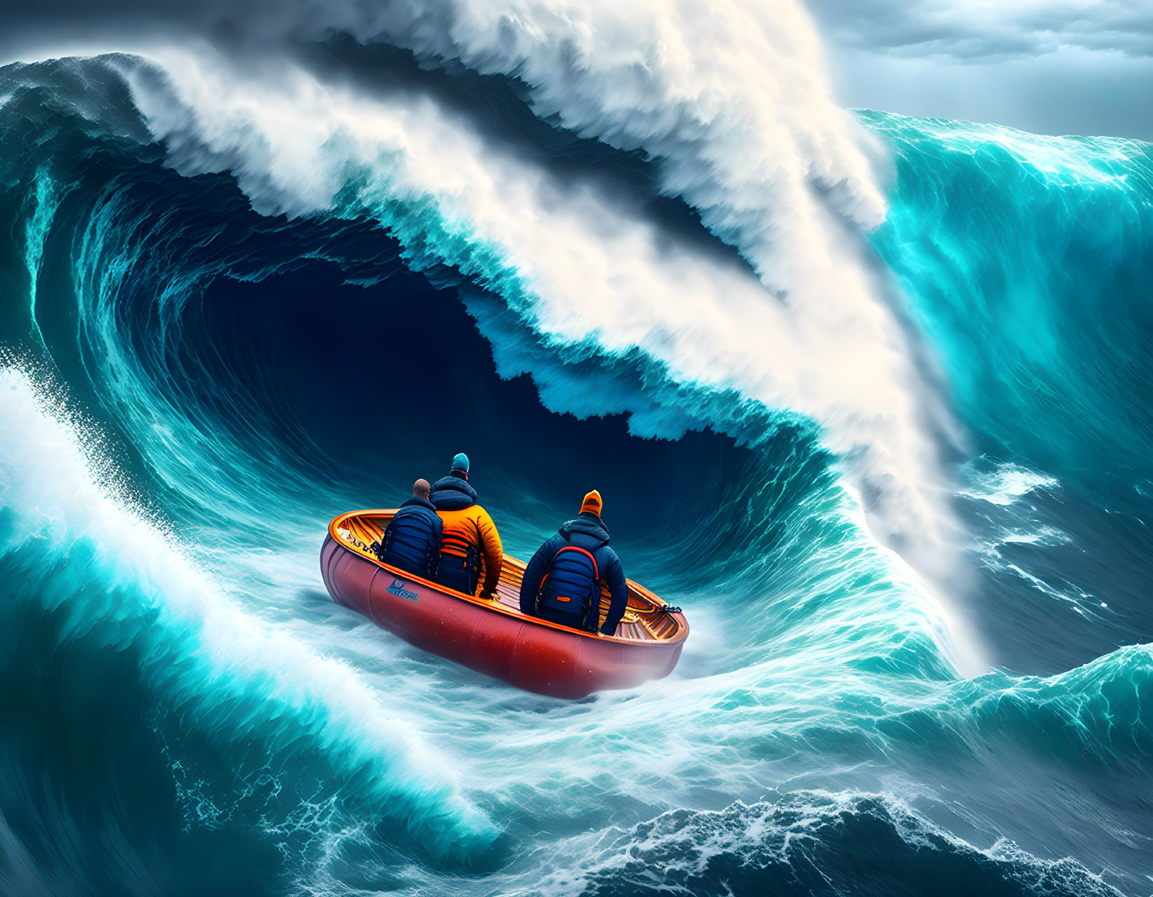 Lifeboat navigating towering waves in stormy sea rescue.