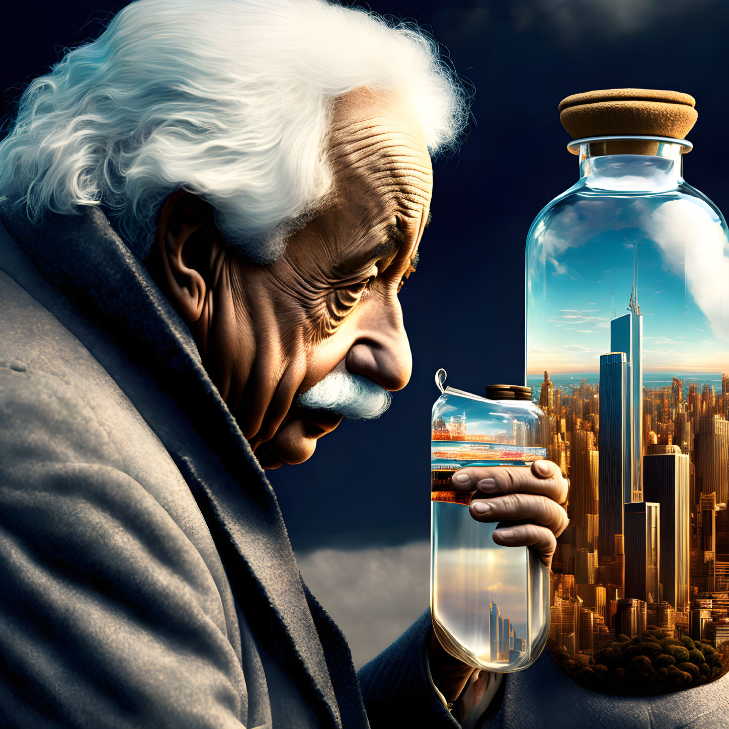 Elderly man with white hair observing miniature cityscape in glass jar