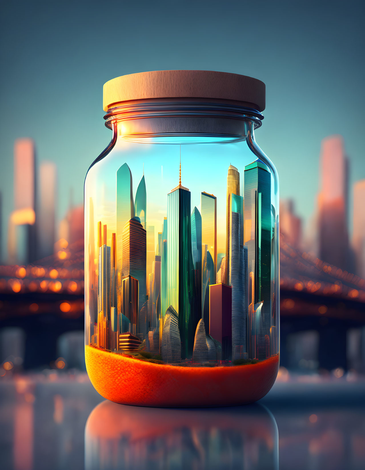 Glass jar with orange slice and miniature skyscrapers in cityscape at sunset