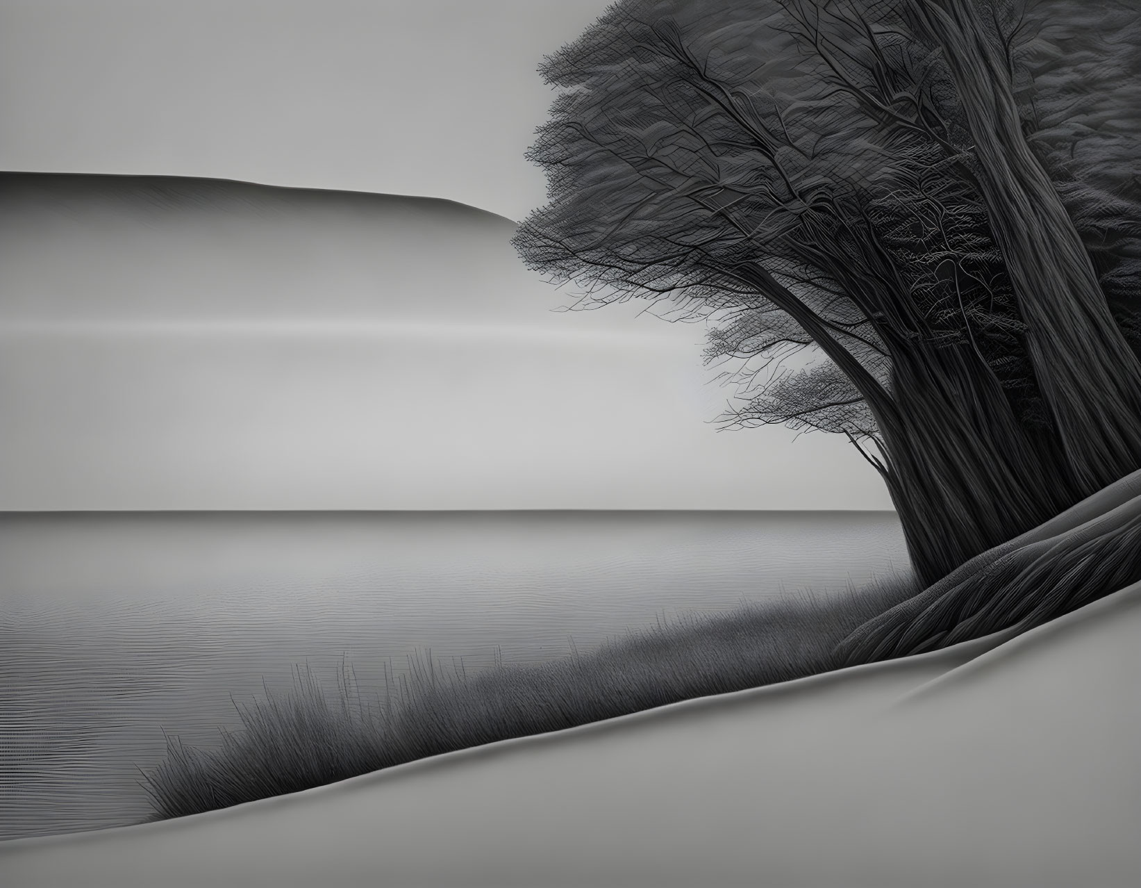 Monochrome landscape: foggy hills, calm water, leafless tree