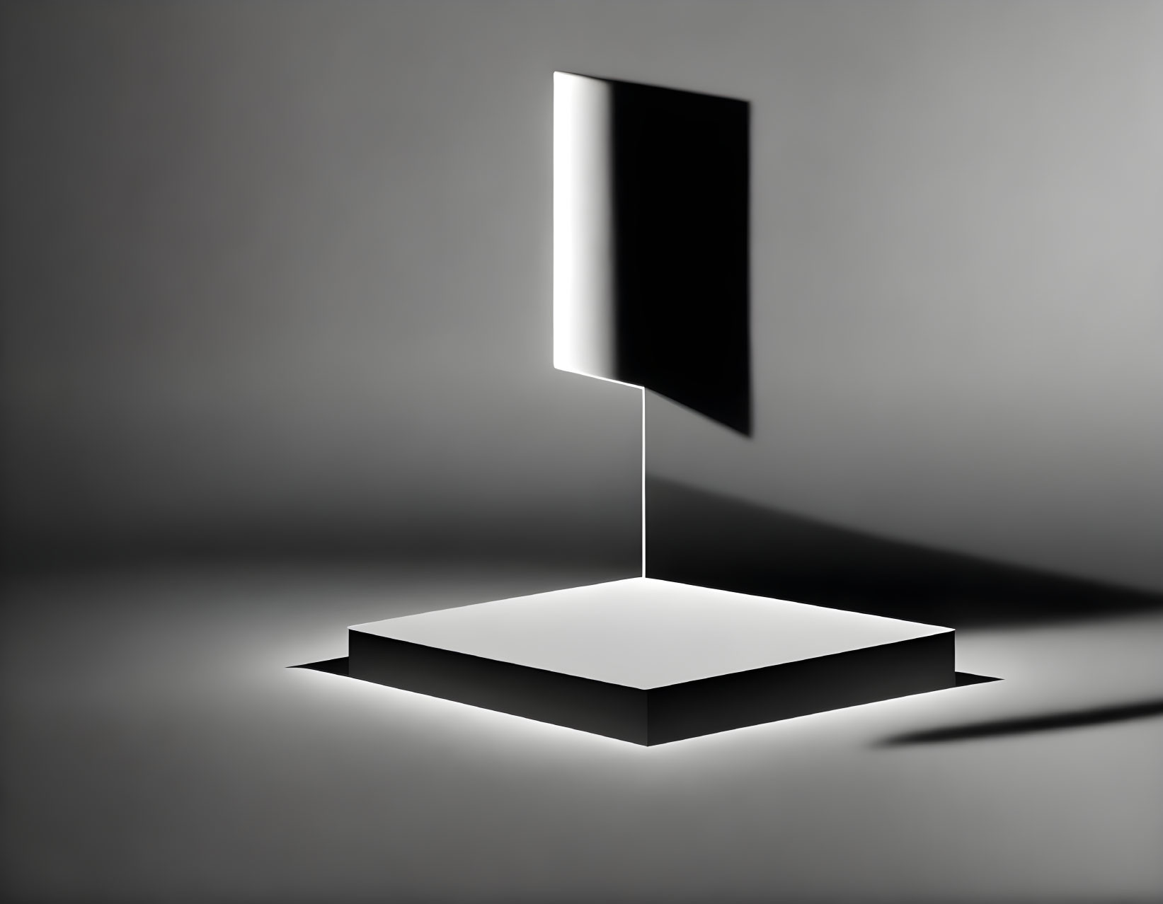 Levitating square panel art installation with dramatic lighting