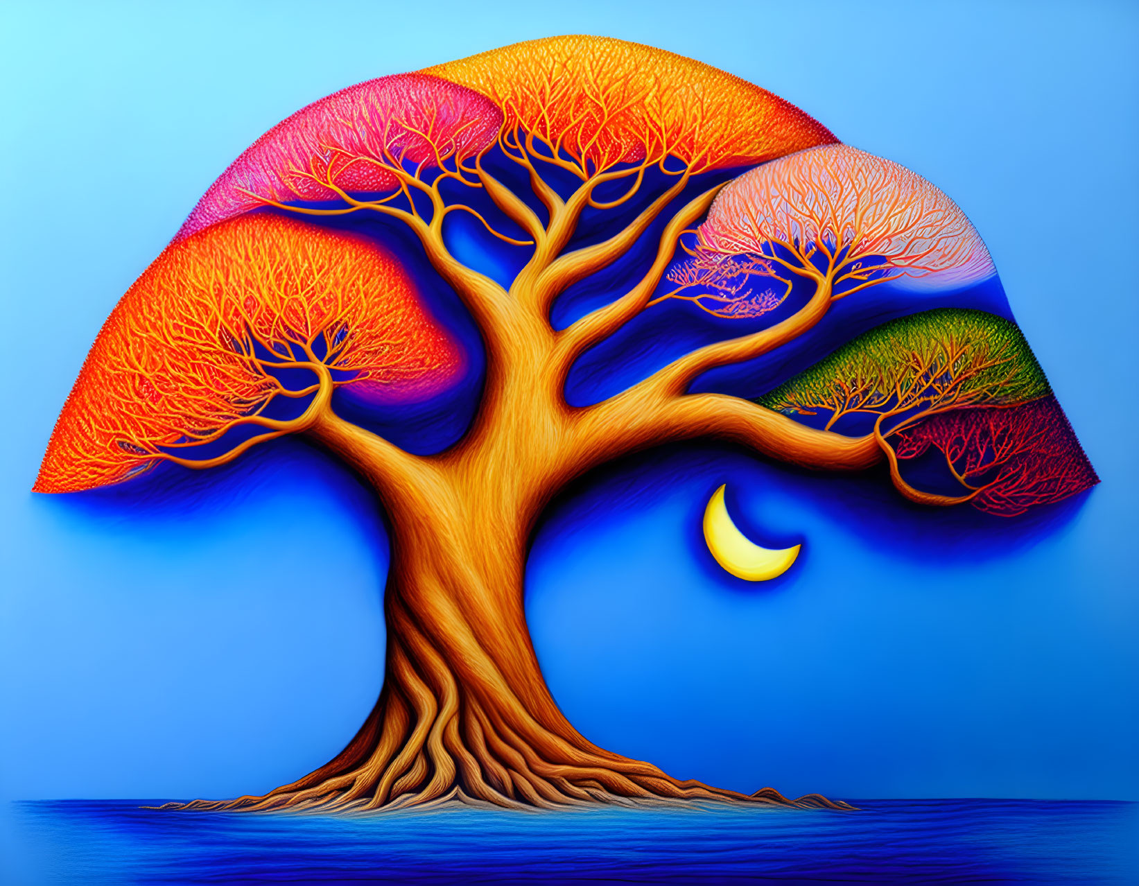 Vibrant surreal tree art: fiery canopy, crescent moon, blue background