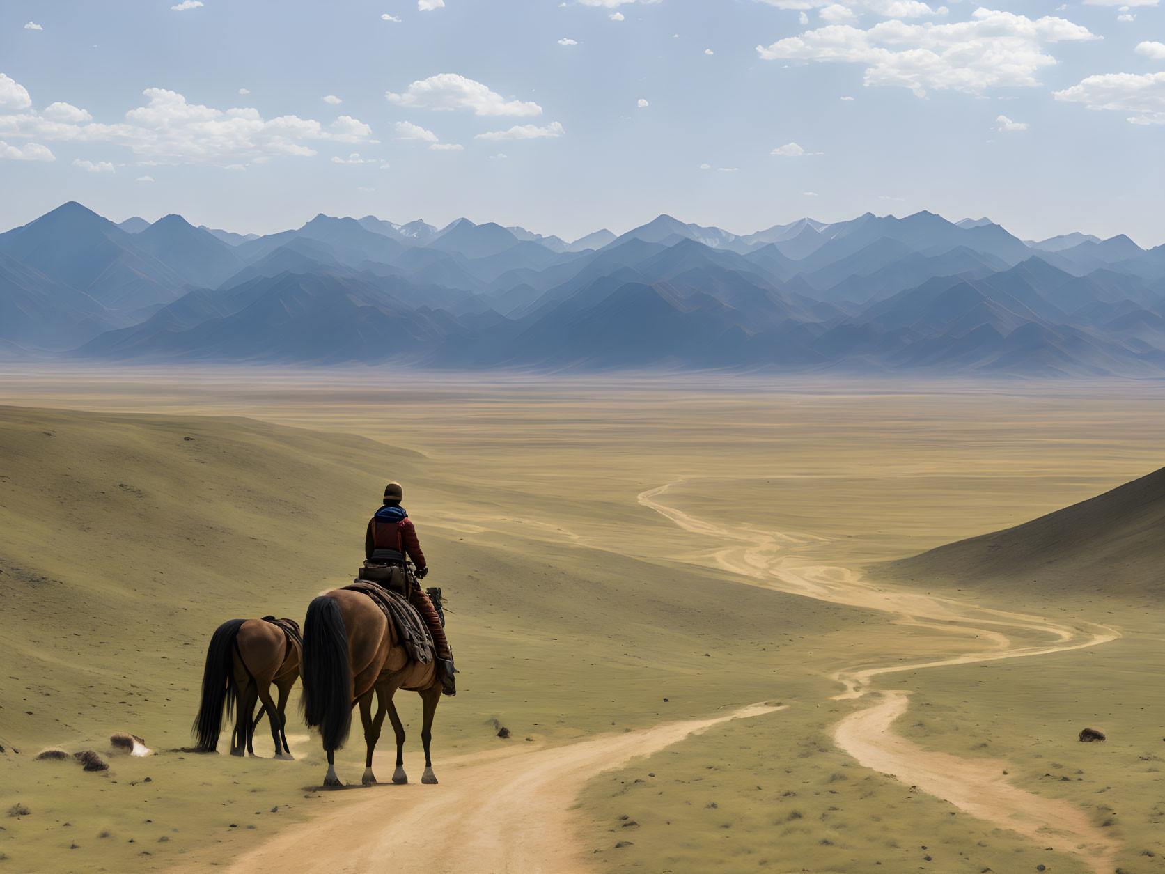 Rider on horseback with extra horse on winding dirt trail through grassy plains and mountains.