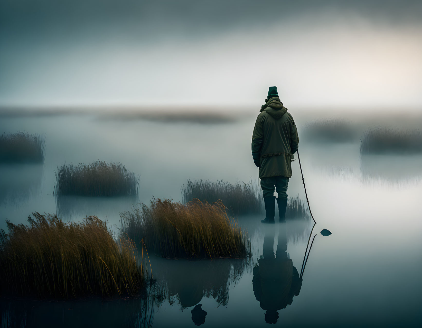 Person in coat and hat with pole in tranquil water landscape