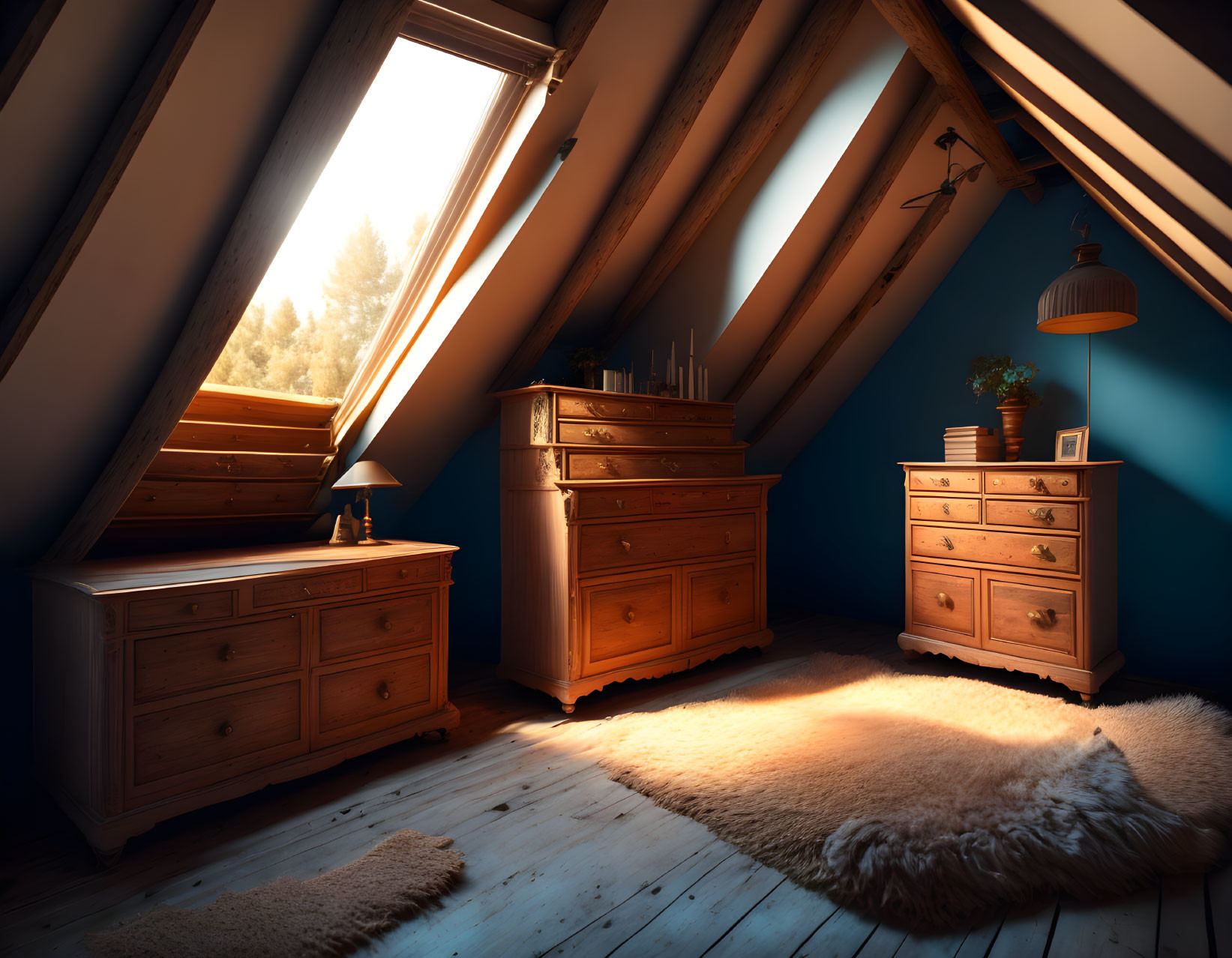 Warmly lit attic room with wooden dressers, fur rug, angled ceilings, and tree view window