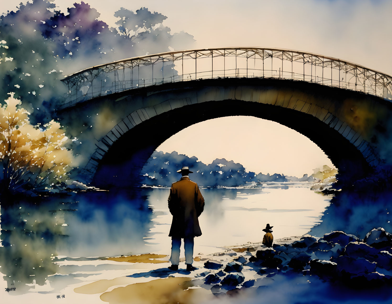 Person and dog by river with bridge silhouette in watercolor landscape