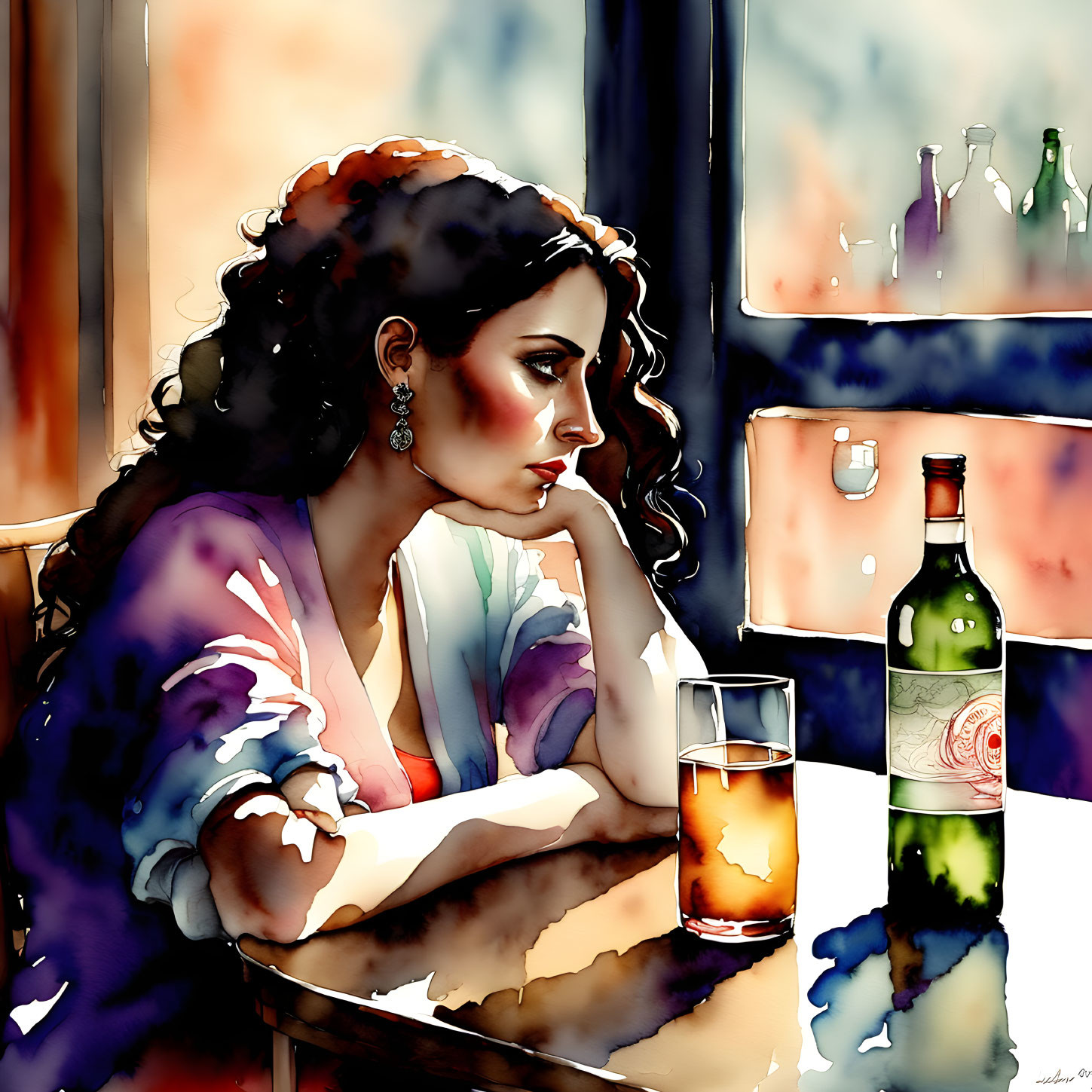 Curly-haired woman at bar gazes out window with drink and bottle - vibrant watercolor style