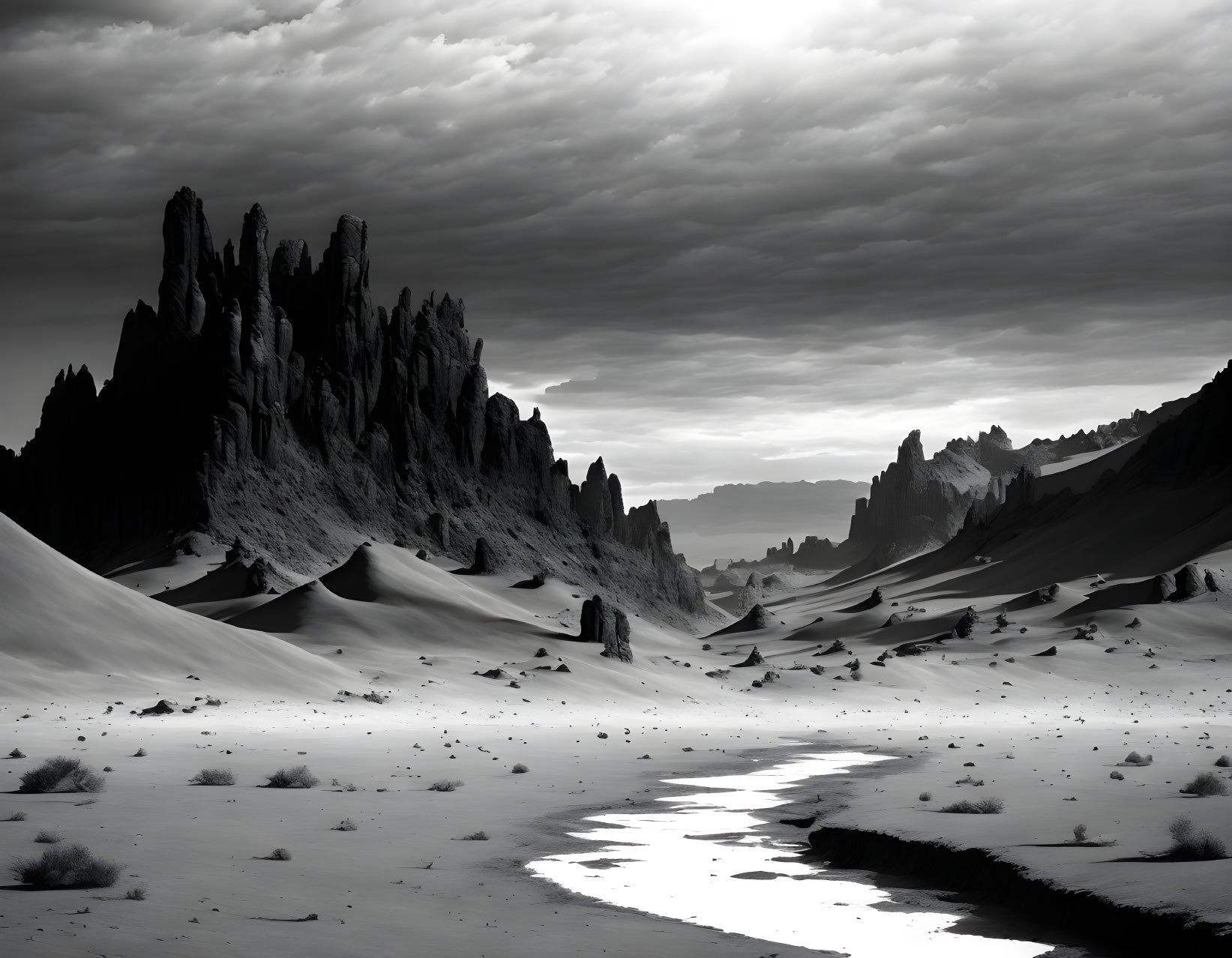 Monochrome landscape with rock formations, sand dunes, river, cloudy sky