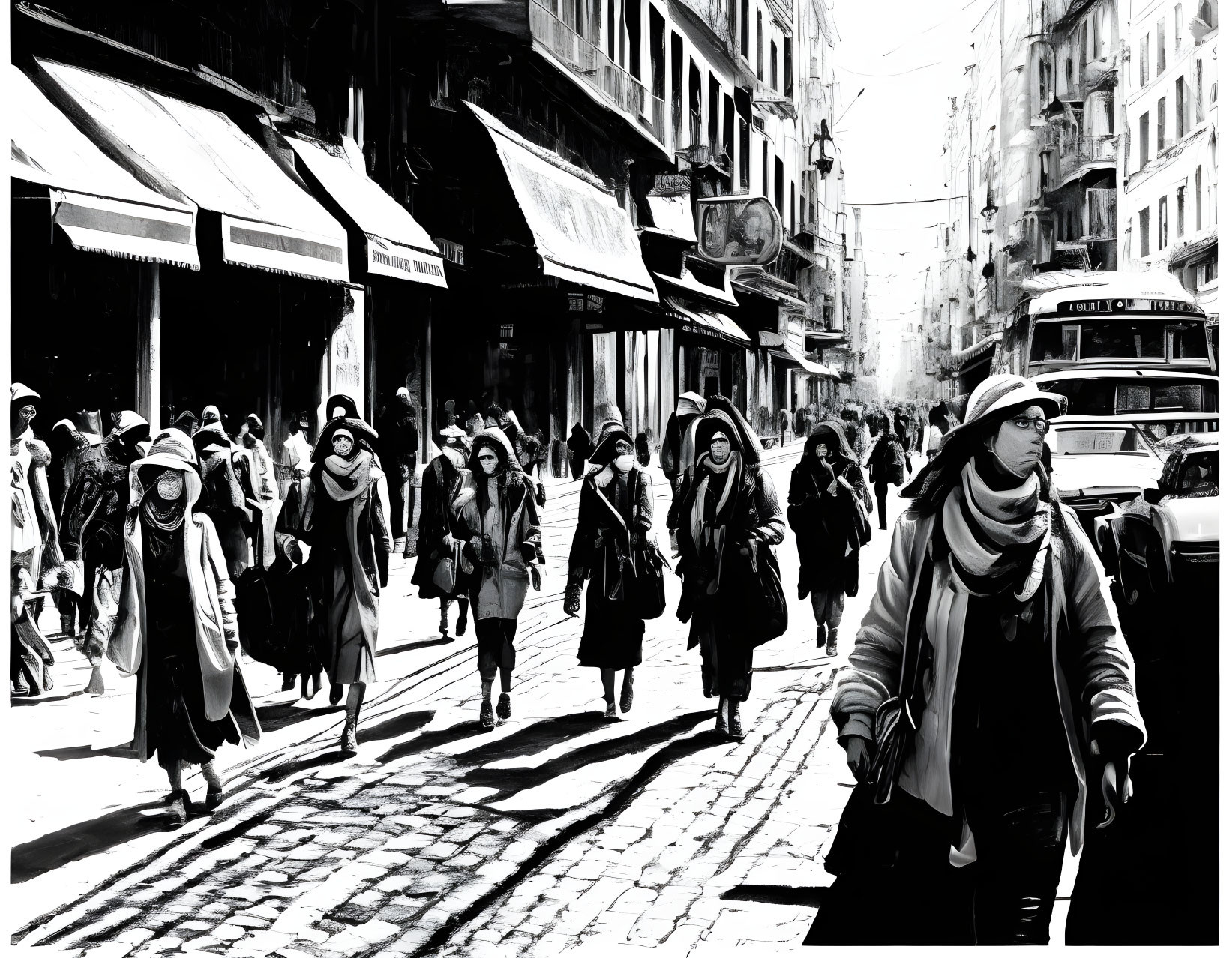 Monochrome city street scene with people in winter clothes and vintage cars.