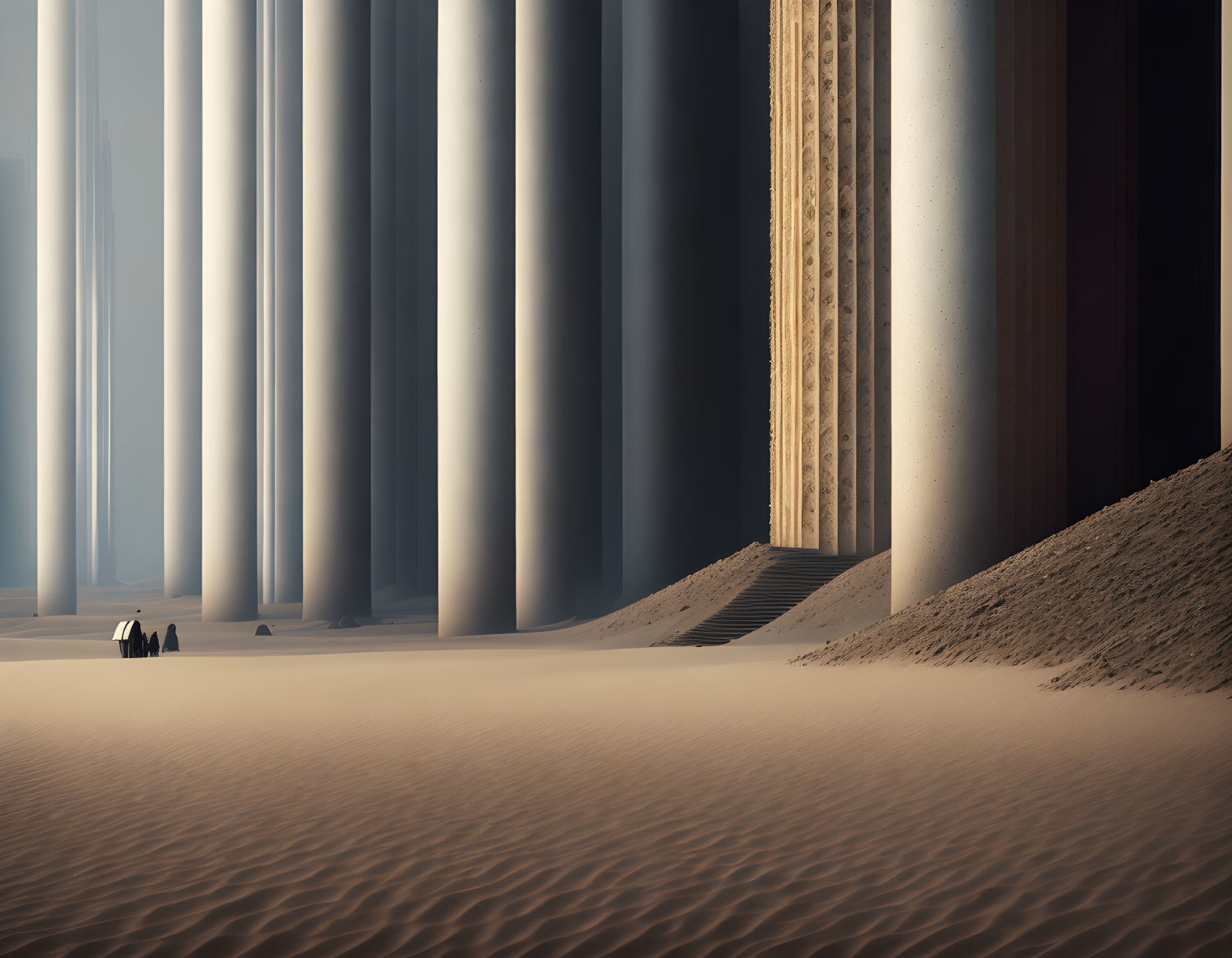 Enormous columns in sandy landscape with figure and ascending stairs