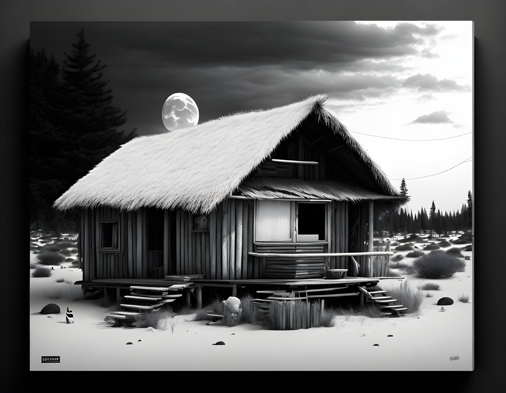 Solitary wooden cabin with thatched roof in snowy pine tree landscape