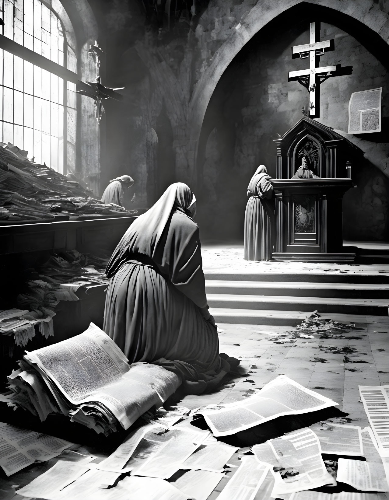 Monochrome image: Nuns praying in dilapidated church.