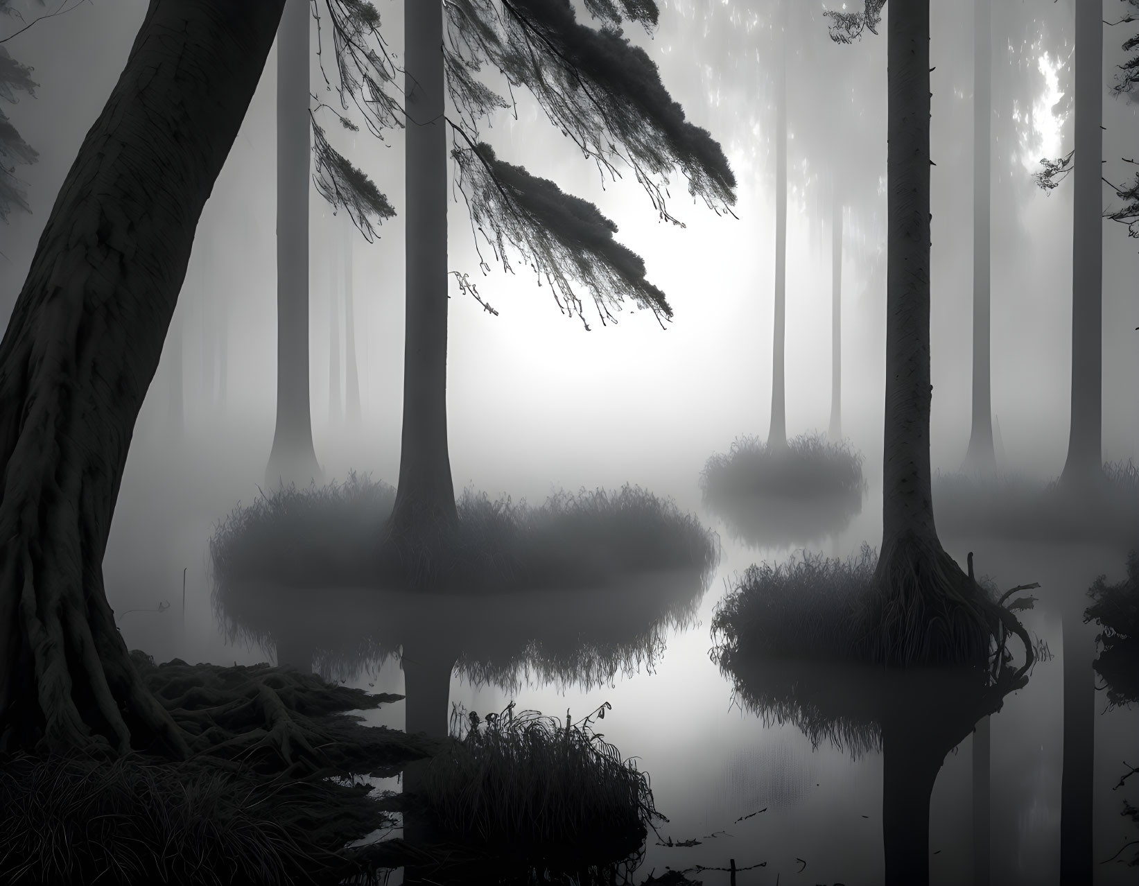 Monochrome forest with fog, reflective water, and dramatic light.