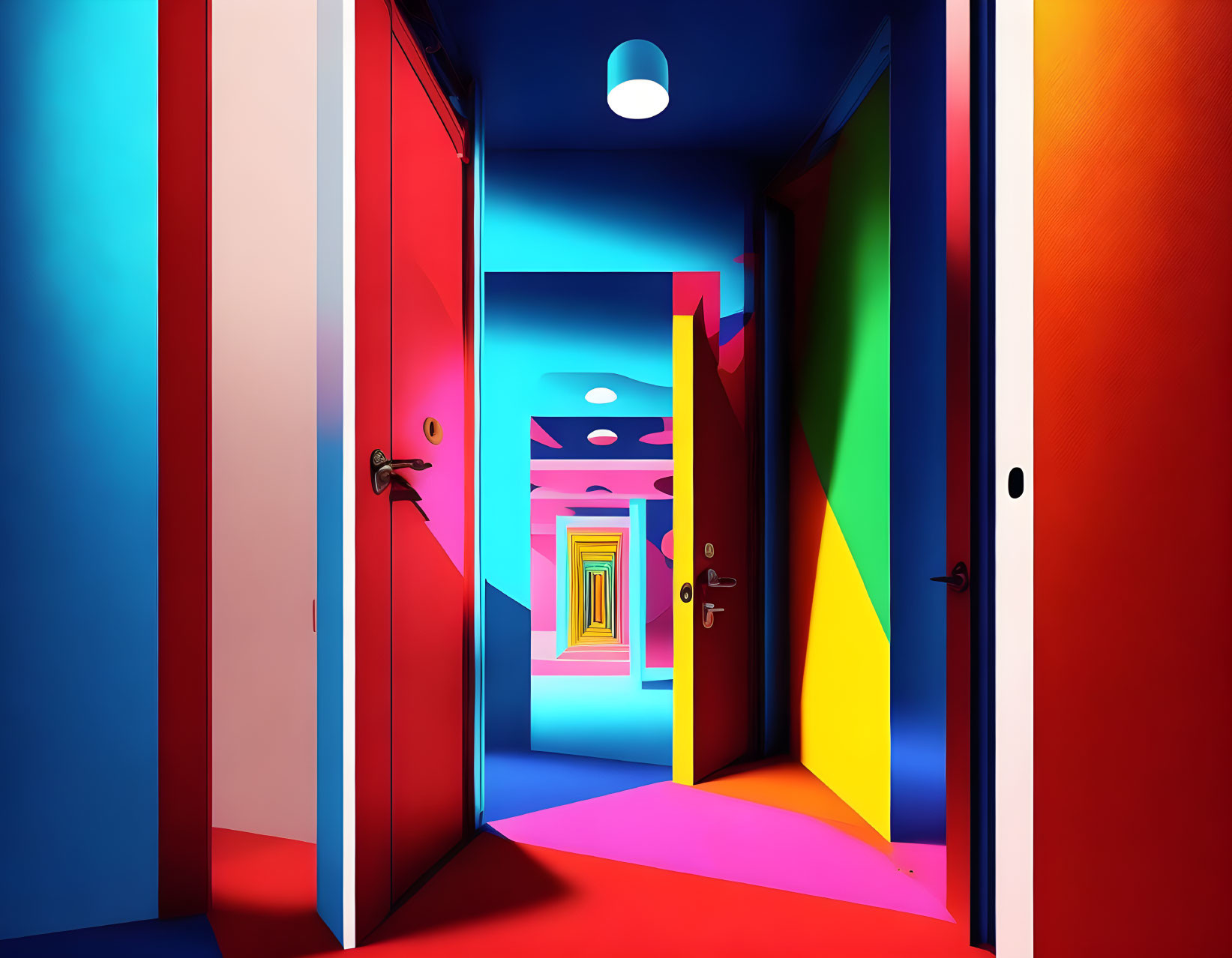 Colorful hallway with open doors and deep perspective