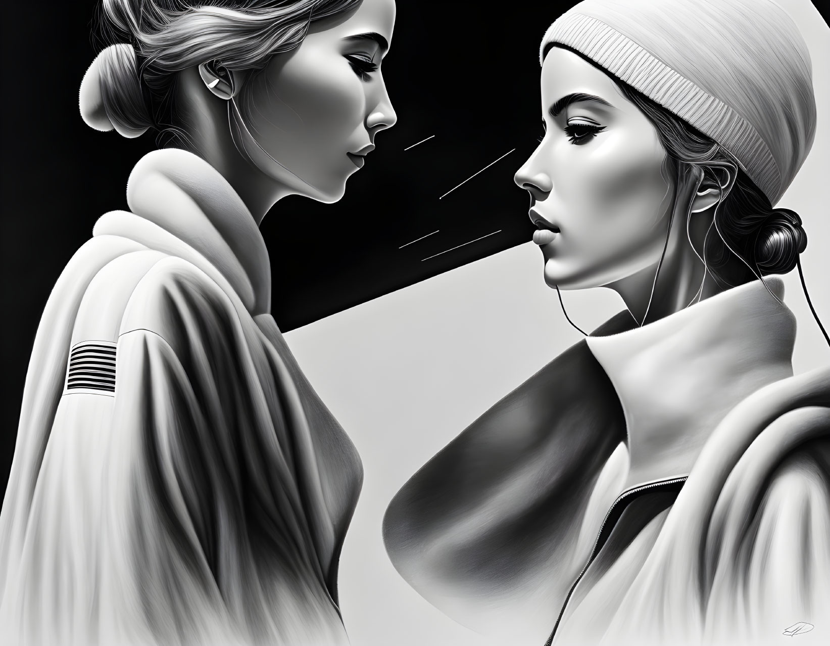 Monochromatic digital art: Two women in profile, one whispering, both in modern winter clothes