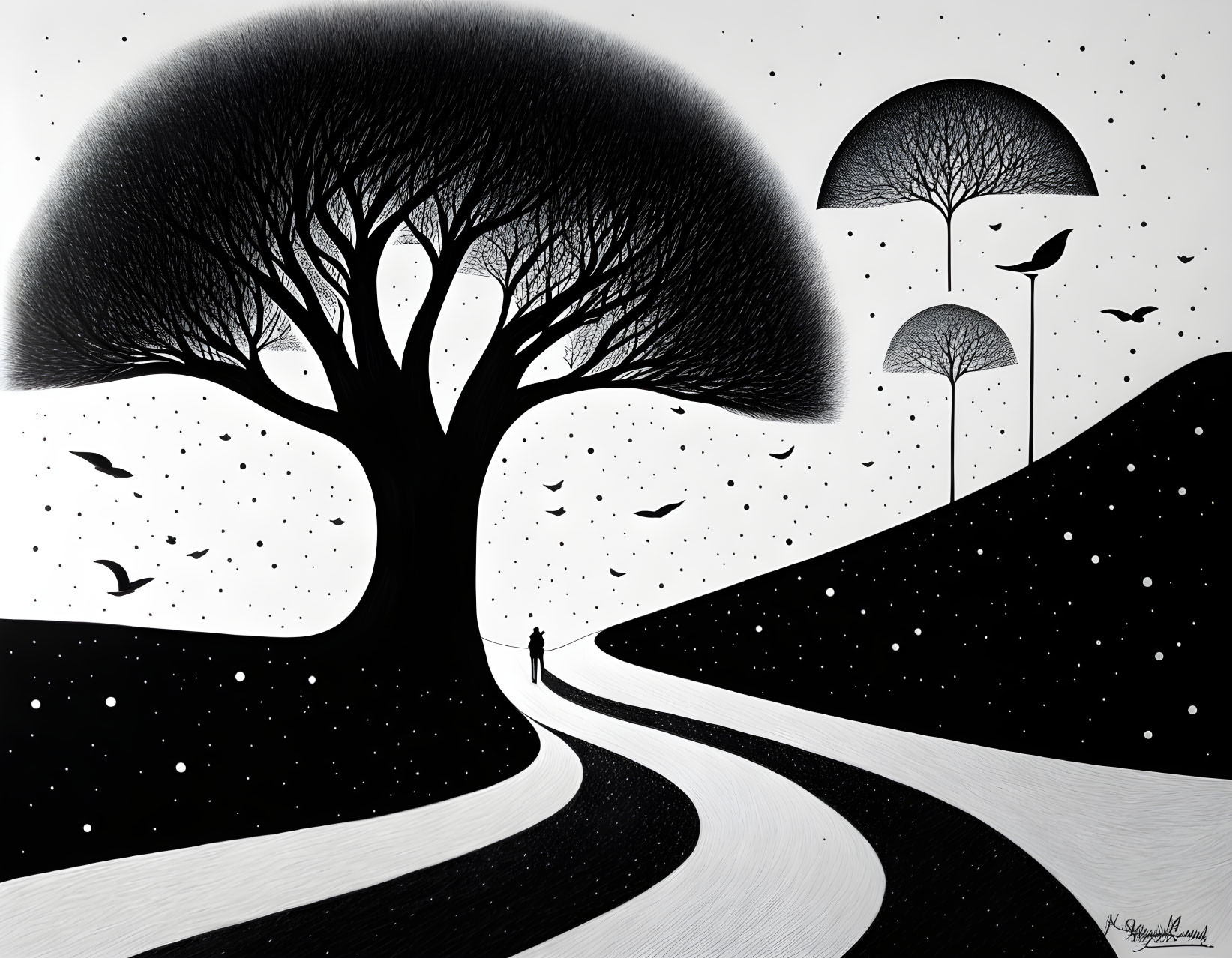 Monochrome artwork: Person on winding path under large tree canopies