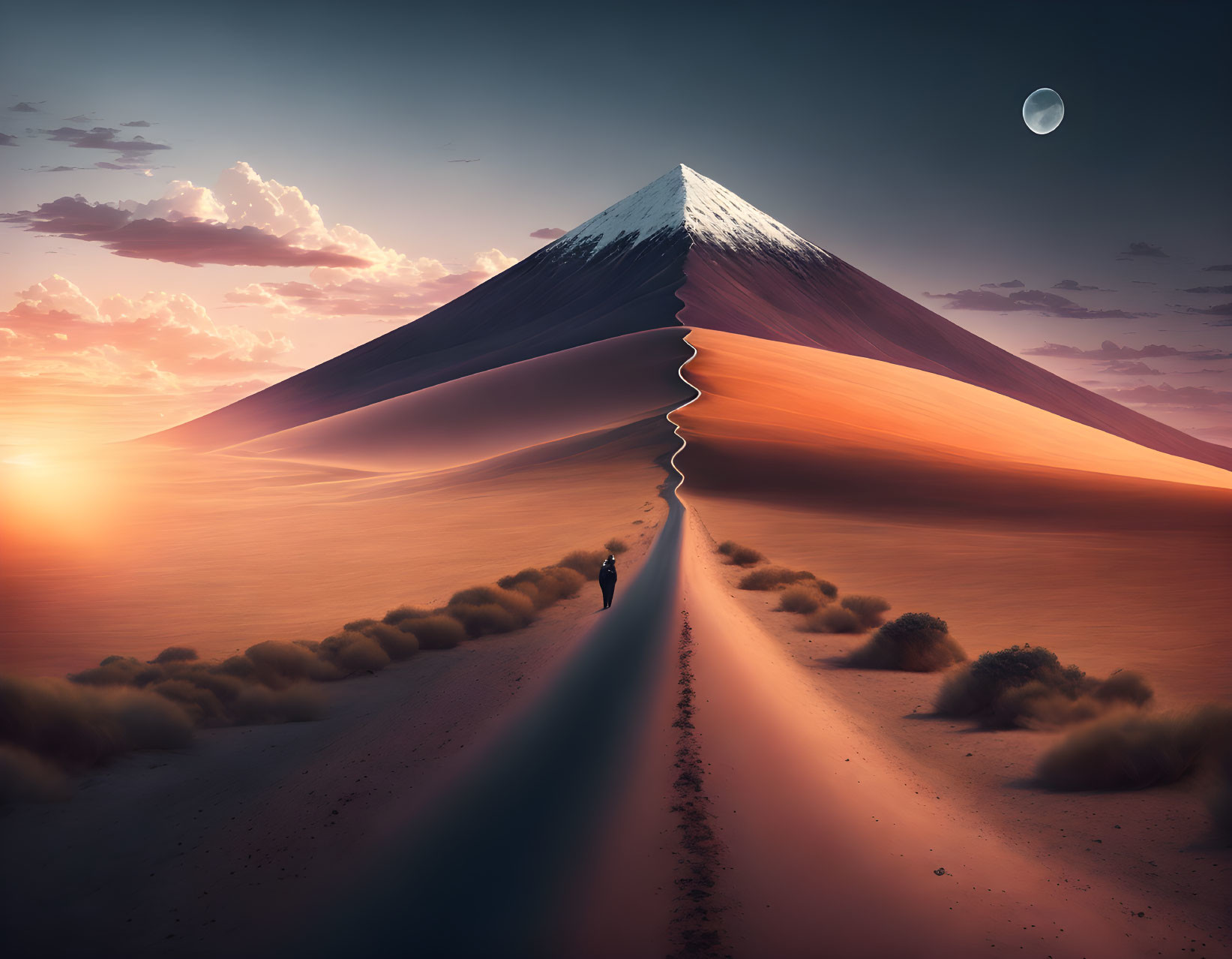 Person walking towards snow-capped mountain at sunset with split path and surreal landscape