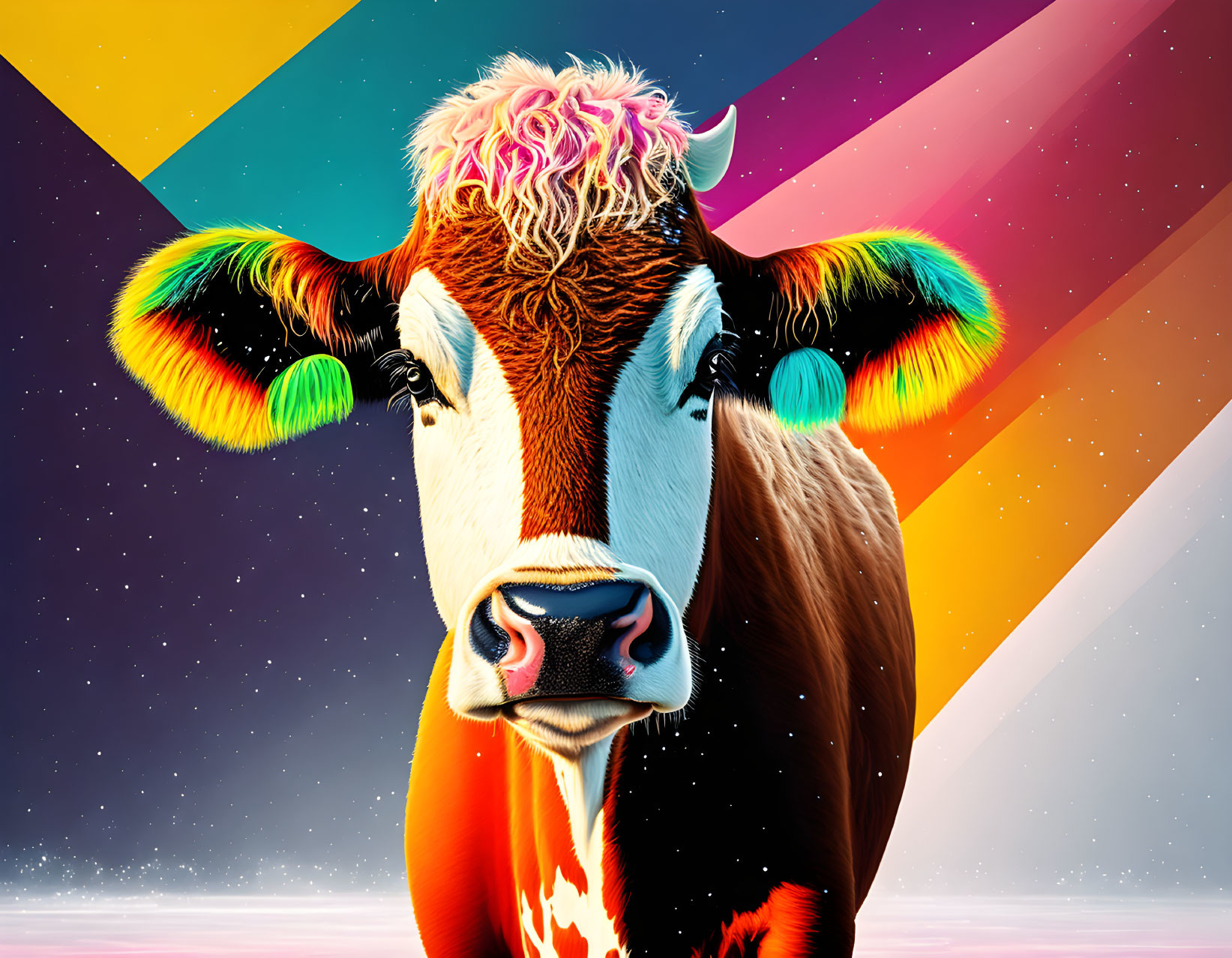 Colorful stylized cow with neon fur on abstract background