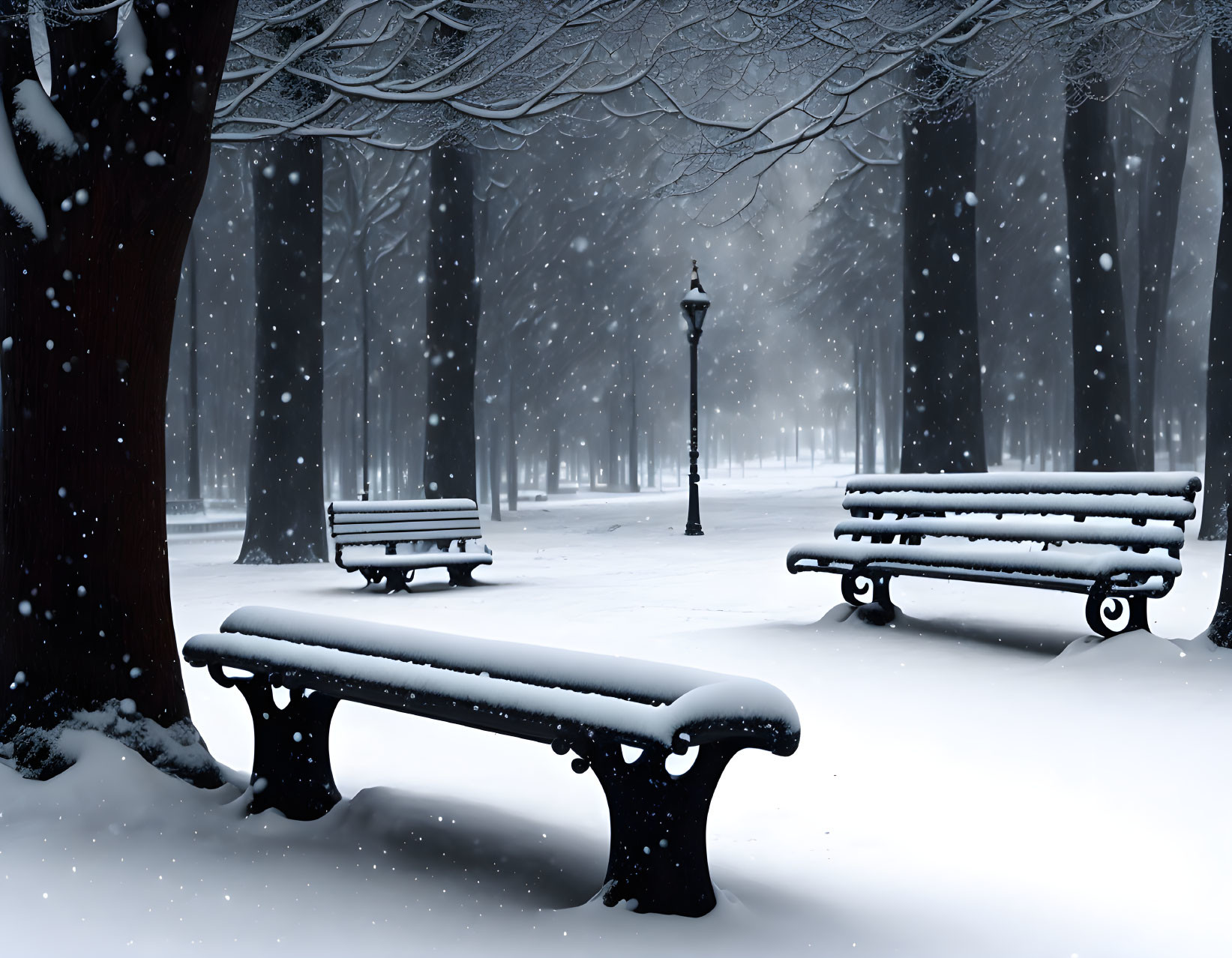 Snow-covered benches, lamp post, falling snowflakes in serene winter park