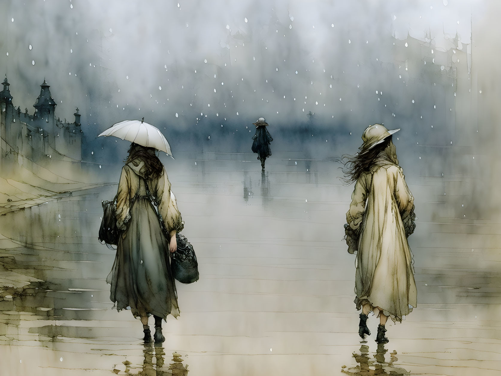 Rainy day scene: two people with umbrellas walking on reflective surface.