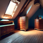 Warmly lit attic room with wooden dressers, fur rug, angled ceilings, and tree view window