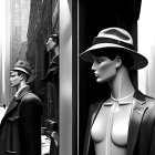 Monochrome art: Vintage-clad mannequins observe city scene