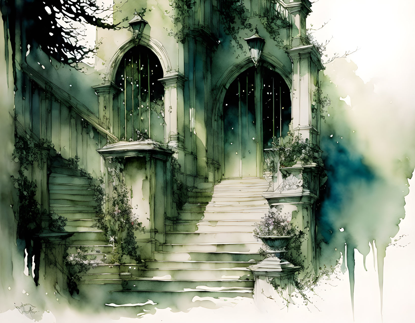 Detailed watercolor illustration: Ornate staircase, lush greenery, mysterious ambiance