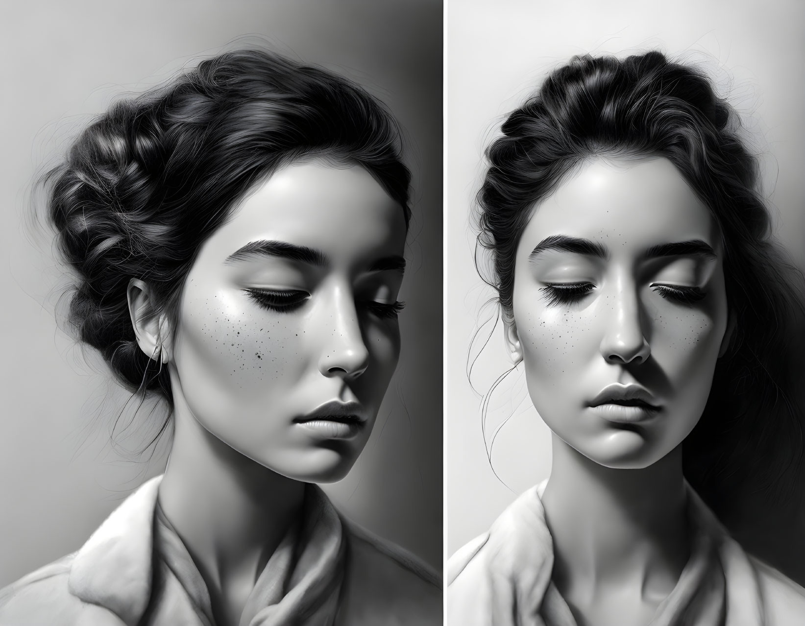 Woman with Braided Hair and Freckles in Two Lighting Settings: Soft Tones vs. High